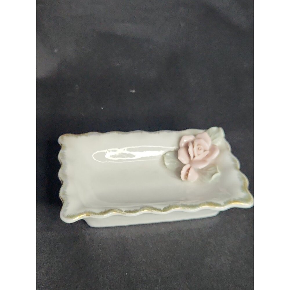 Vintage Porcelain Vanity Ring Trinket Tray Pink Rose & Bud Gold Scalloped Edge